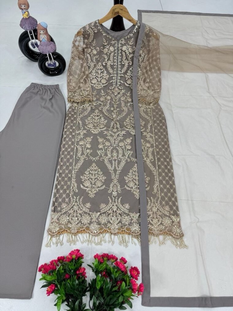 Grey Soft Net Sequence Work 3pcs Suit