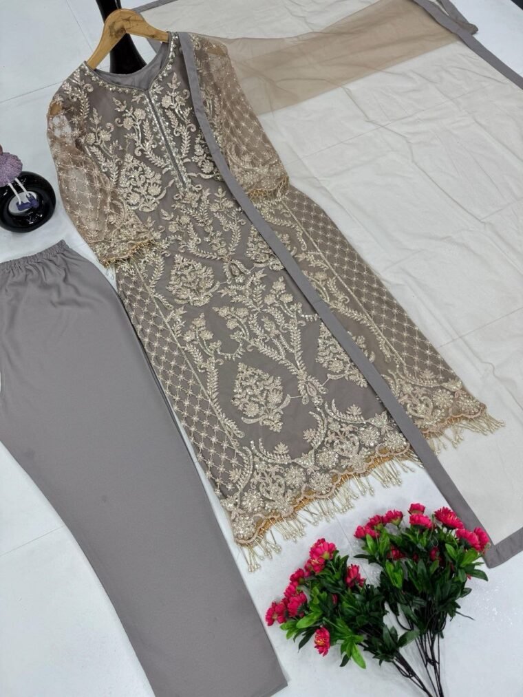 Grey Soft Net Sequence Work 3pcs Suit