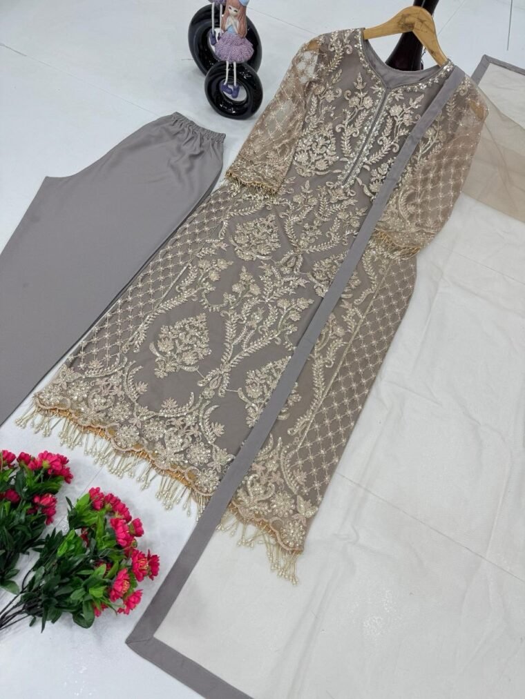 Grey Soft Net Sequence Work 3pcs Suit