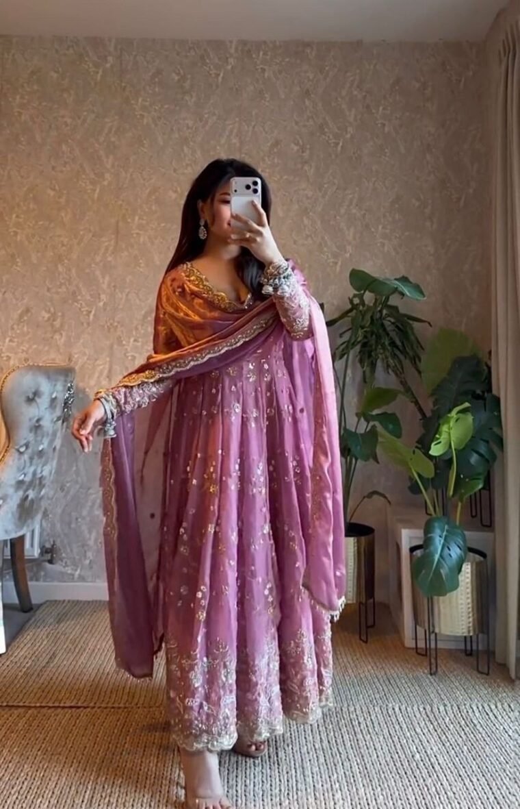 Onion pink heavy embroidery Anarkali