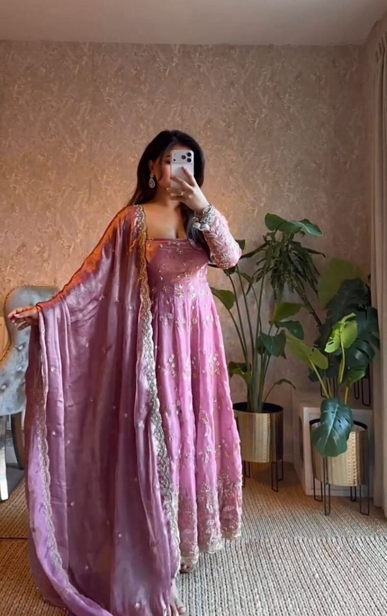 Onion pink heavy embroidery Anarkali