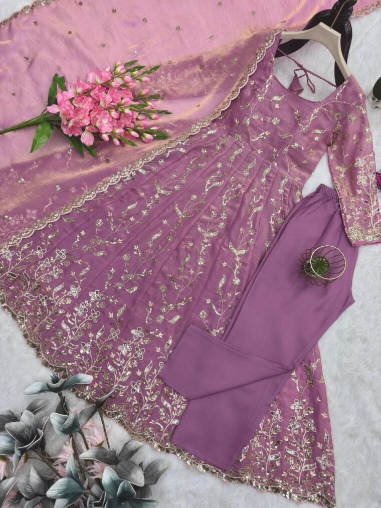 Onion pink heavy embroidery Anarkali