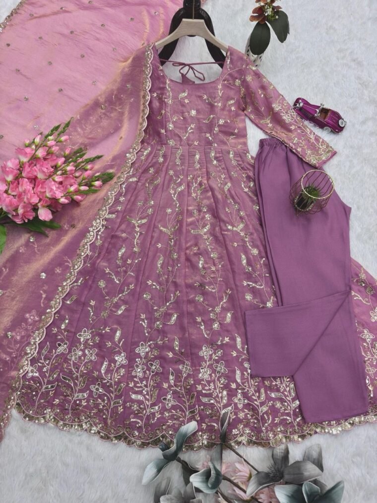 Onion pink heavy embroidery Anarkali