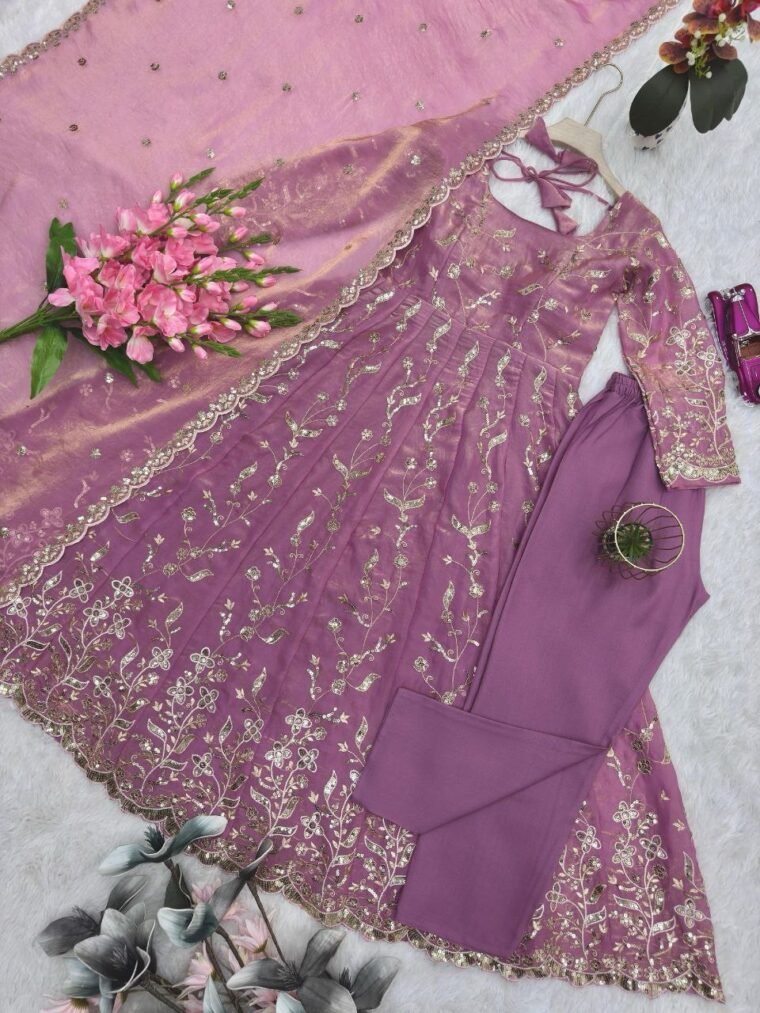 Onion pink heavy embroidery Anarkali