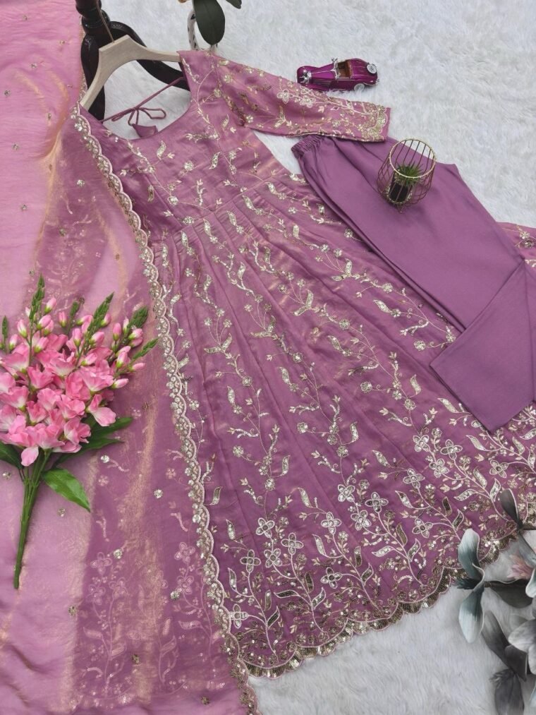Onion pink heavy embroidery Anarkali