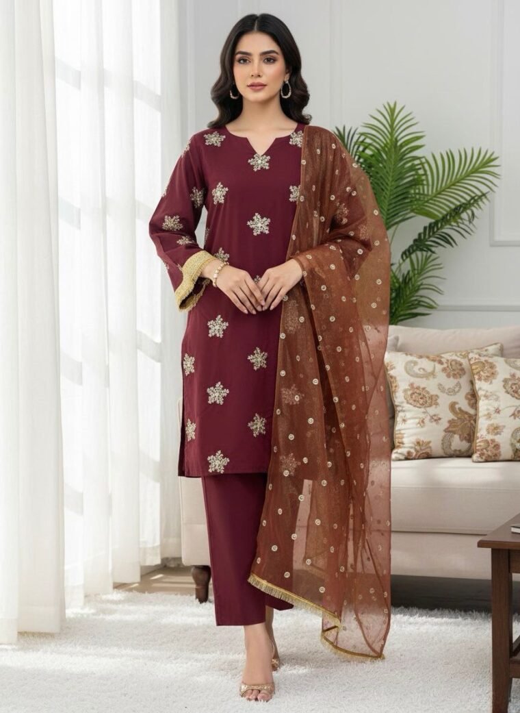 Maroon 3pcs Suit with Sequece work