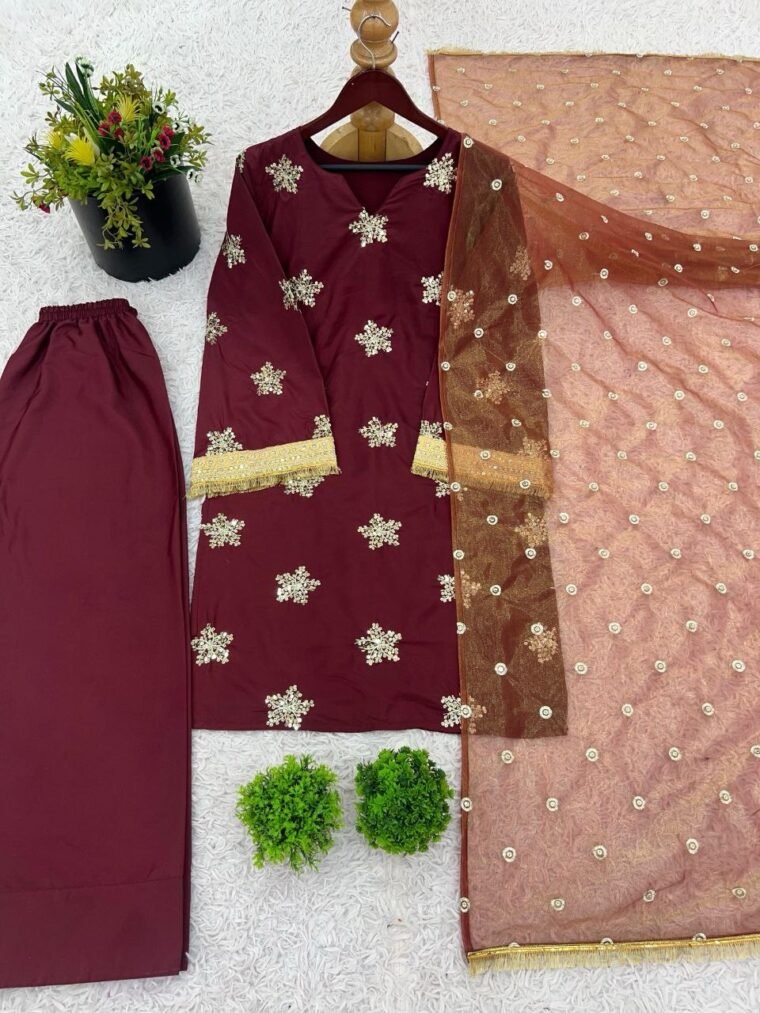 Maroon 3pcs Suit with Sequece work