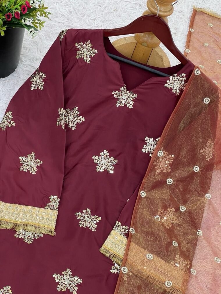 Maroon 3pcs Suit with Sequece work