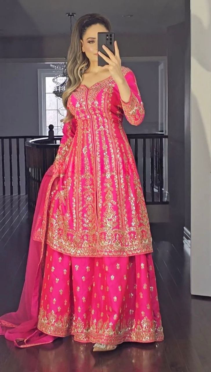 Pink Heavy Sequence Work Sharara Suit