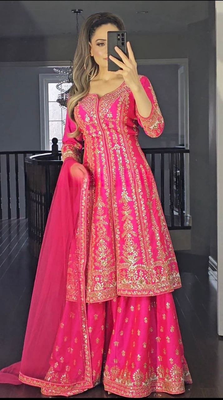 Pink Heavy Sequence Work Sharara Suit