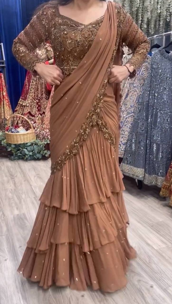 Brown Readymade Lehenga Saree and Blouse (Unstitch)
