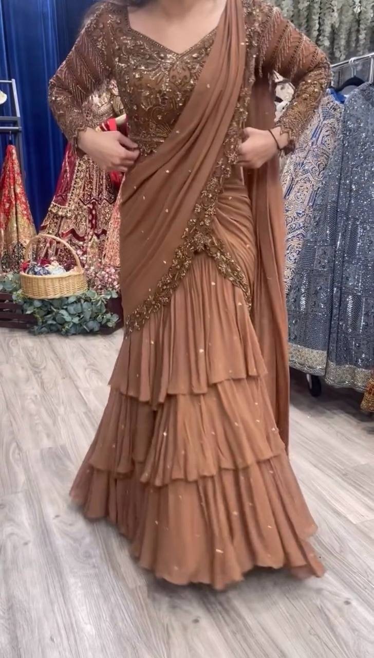 Brown Readymade Lehenga Saree and Blouse (Unstitch)