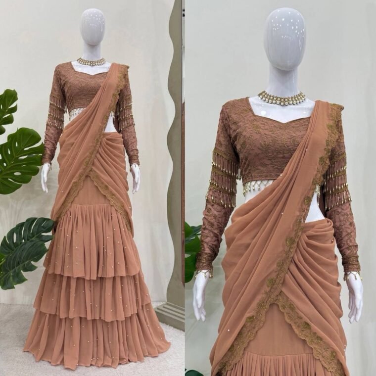 Brown Readymade Lehenga Saree and Blouse (Unstitch)