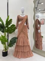 Brown Readymade Lehenga Saree and Blouse (Unstitch)