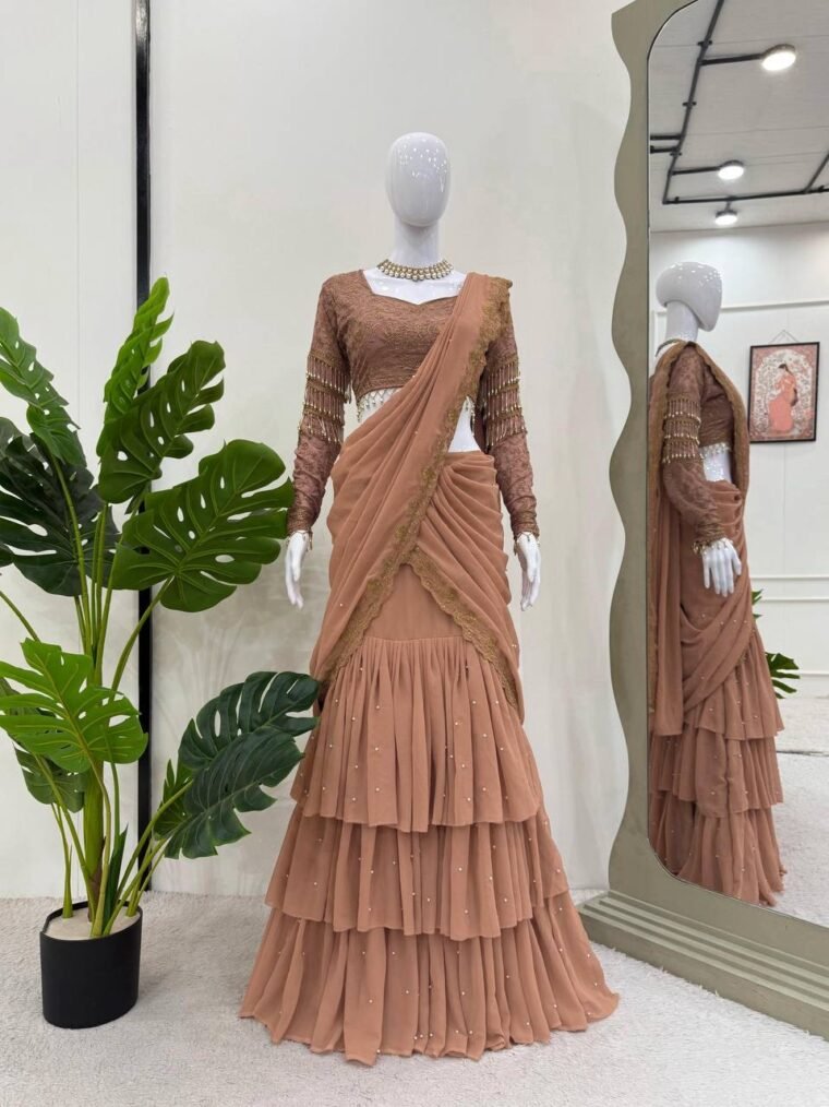 Brown Readymade Lehenga Saree and Blouse (Unstitch)