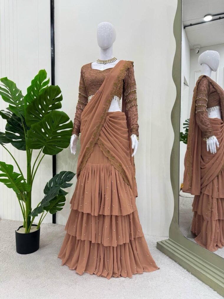 Brown Readymade Lehenga Saree and Blouse (Unstitch)
