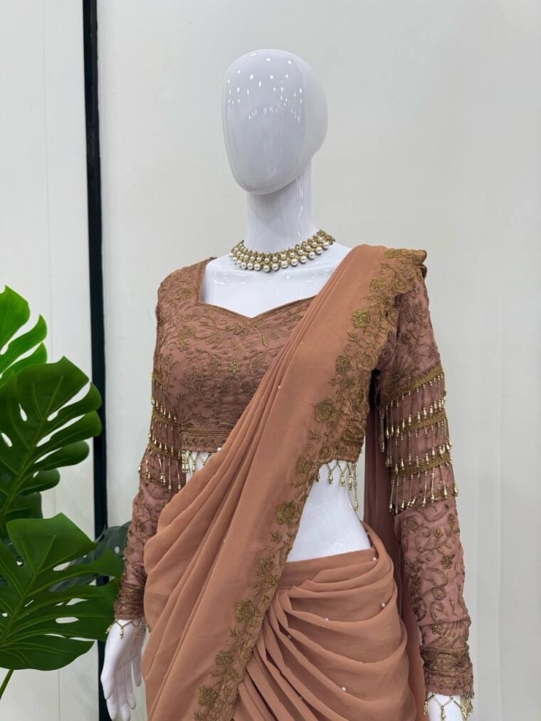 Brown Readymade Lehenga Saree and Blouse (Unstitch)