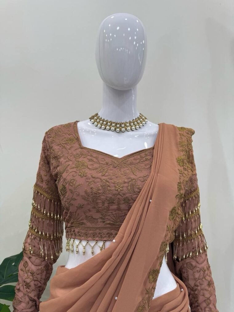 Brown Readymade Lehenga Saree and Blouse (Unstitch)