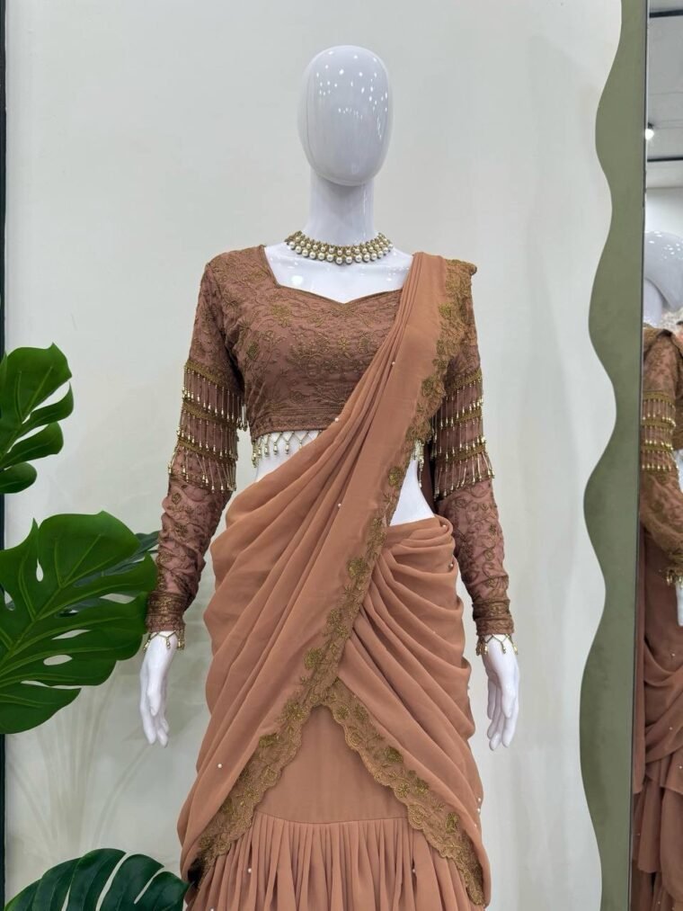 Brown Readymade Lehenga Saree and Blouse (Unstitch)