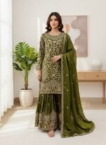 OLIVE GREEN HEAVY EMBROIDERY SHARARA SUIT