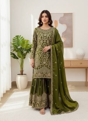 OLIVE GREEN HEAVY EMBROIDERY SHARARA SUIT