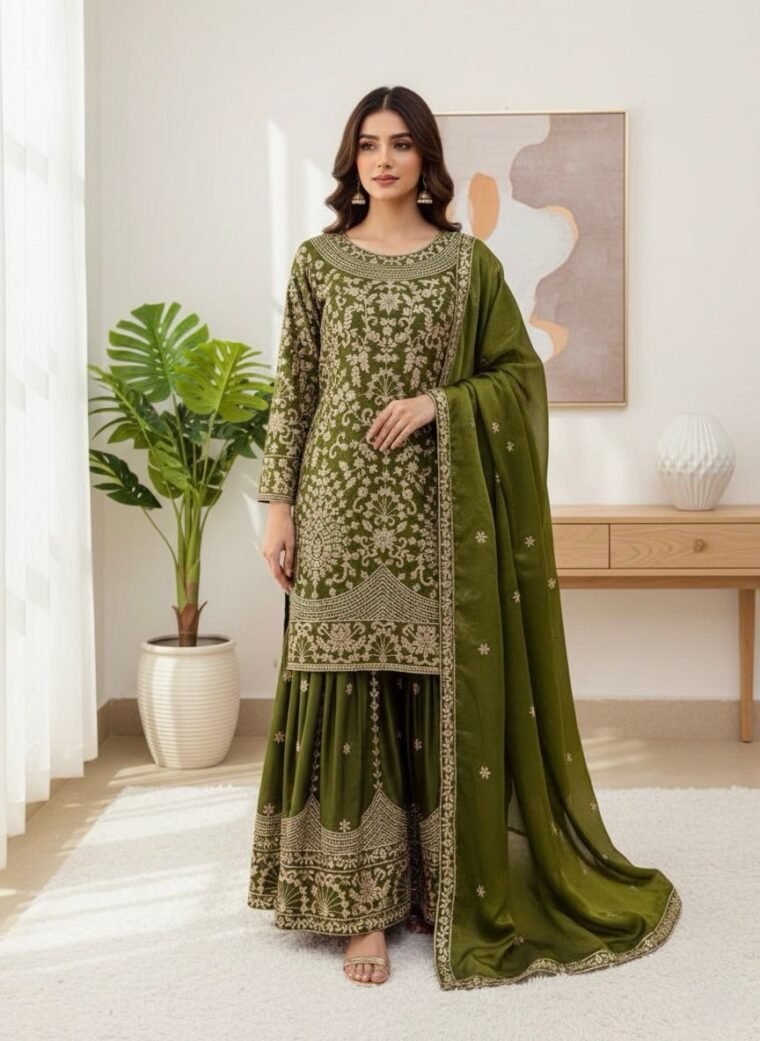 OLIVE GREEN HEAVY EMBROIDERY SHARARA SUIT
