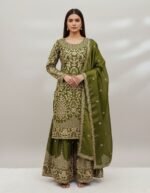 OLIVE GREEN HEAVY EMBROIDERY SHARARA SUIT