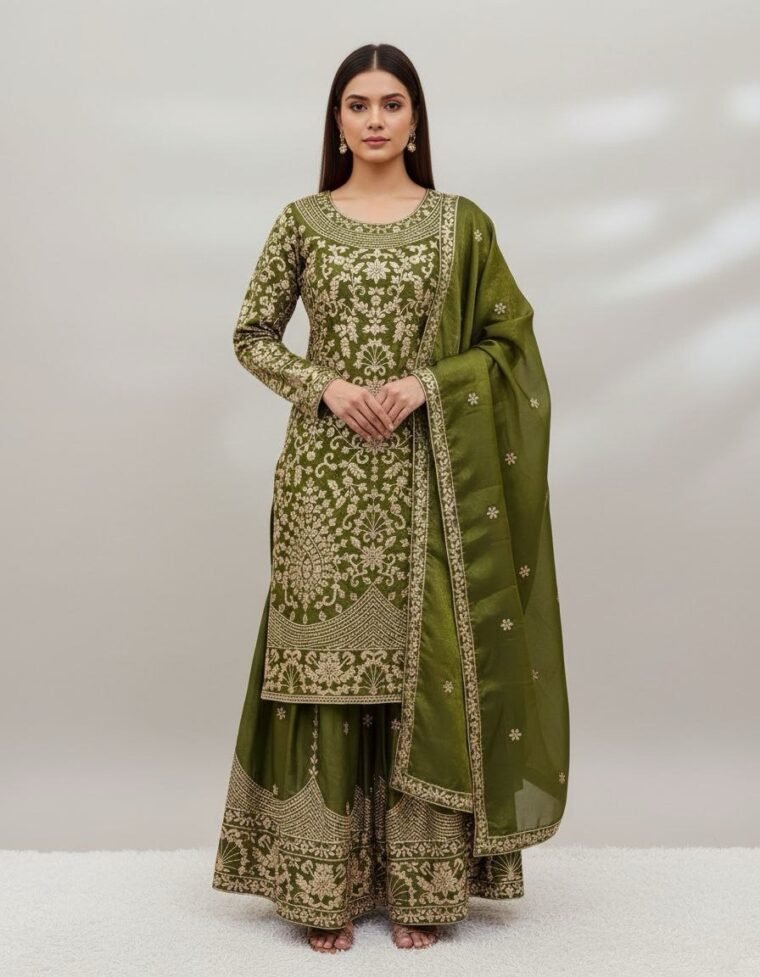 OLIVE GREEN HEAVY EMBROIDERY SHARARA SUIT