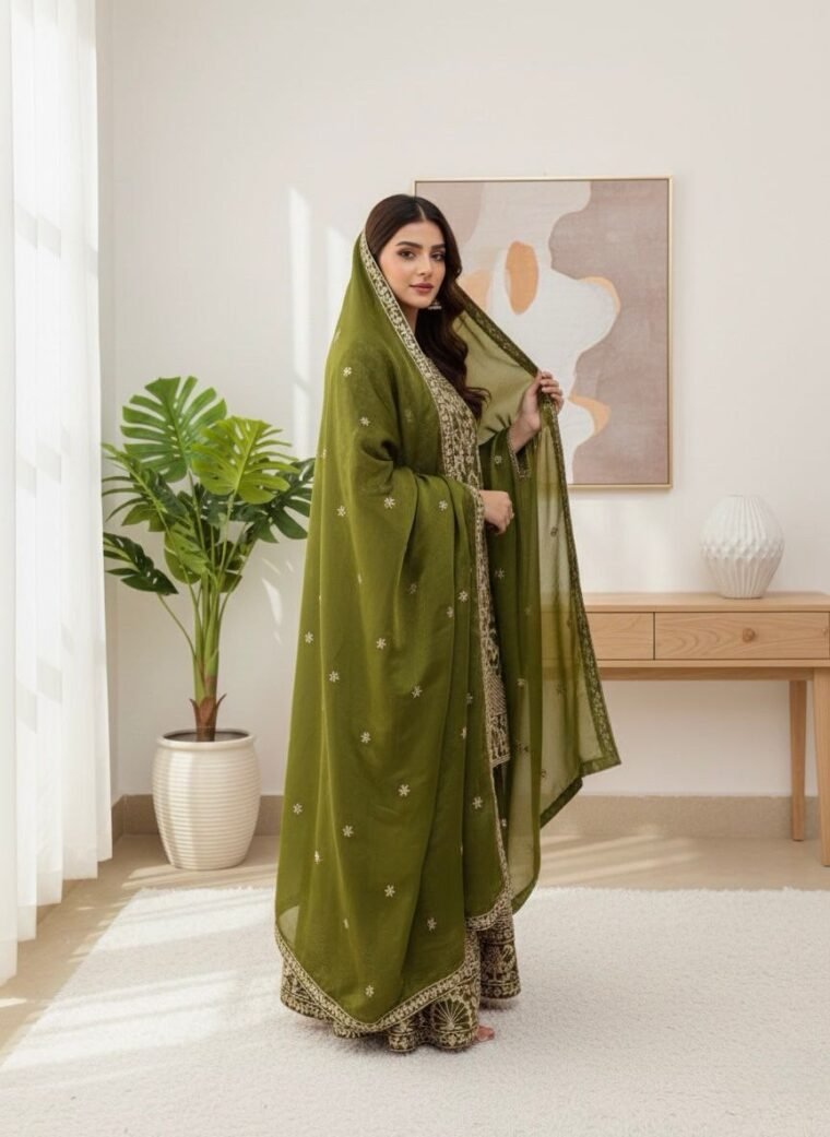 OLIVE GREEN HEAVY EMBROIDERY SHARARA SUIT