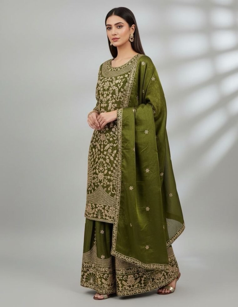OLIVE GREEN HEAVY EMBROIDERY SHARARA SUIT