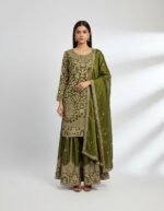OLIVE GREEN HEAVY EMBROIDERY SHARARA SUIT
