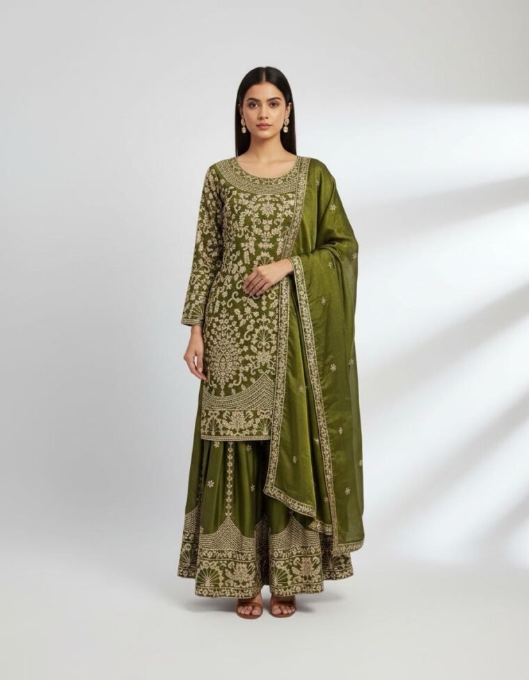 OLIVE GREEN HEAVY EMBROIDERY SHARARA SUIT
