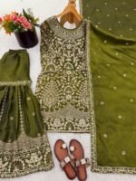 OLIVE GREEN HEAVY EMBROIDERY SHARARA SUIT