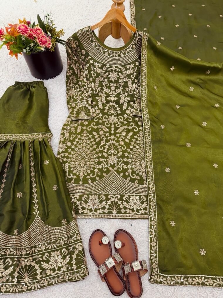 OLIVE GREEN HEAVY EMBROIDERY SHARARA SUIT