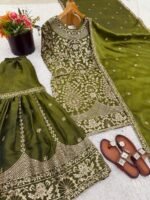 OLIVE GREEN HEAVY EMBROIDERY SHARARA SUIT