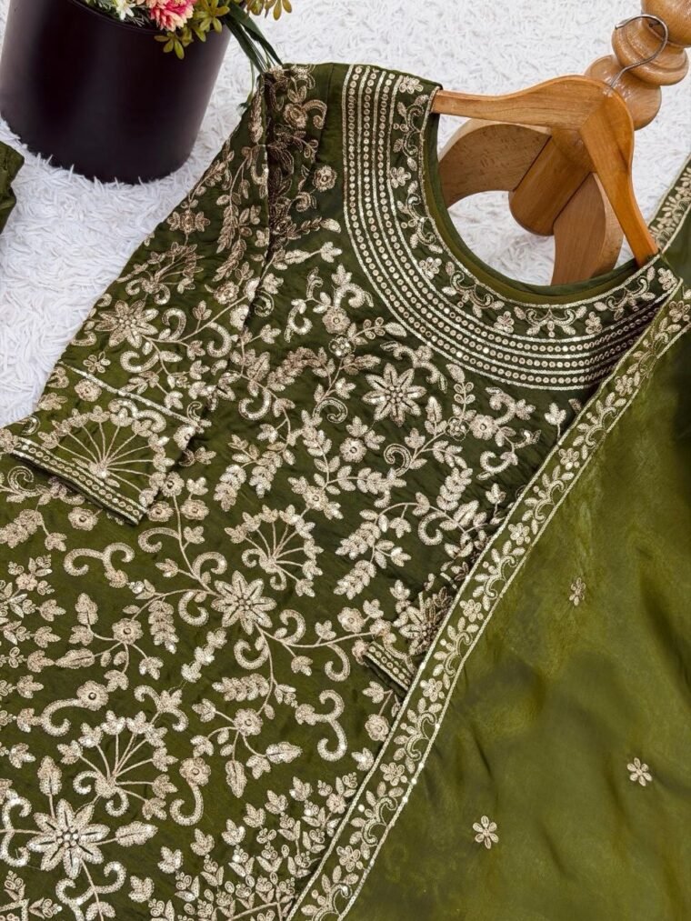 OLIVE GREEN HEAVY EMBROIDERY SHARARA SUIT