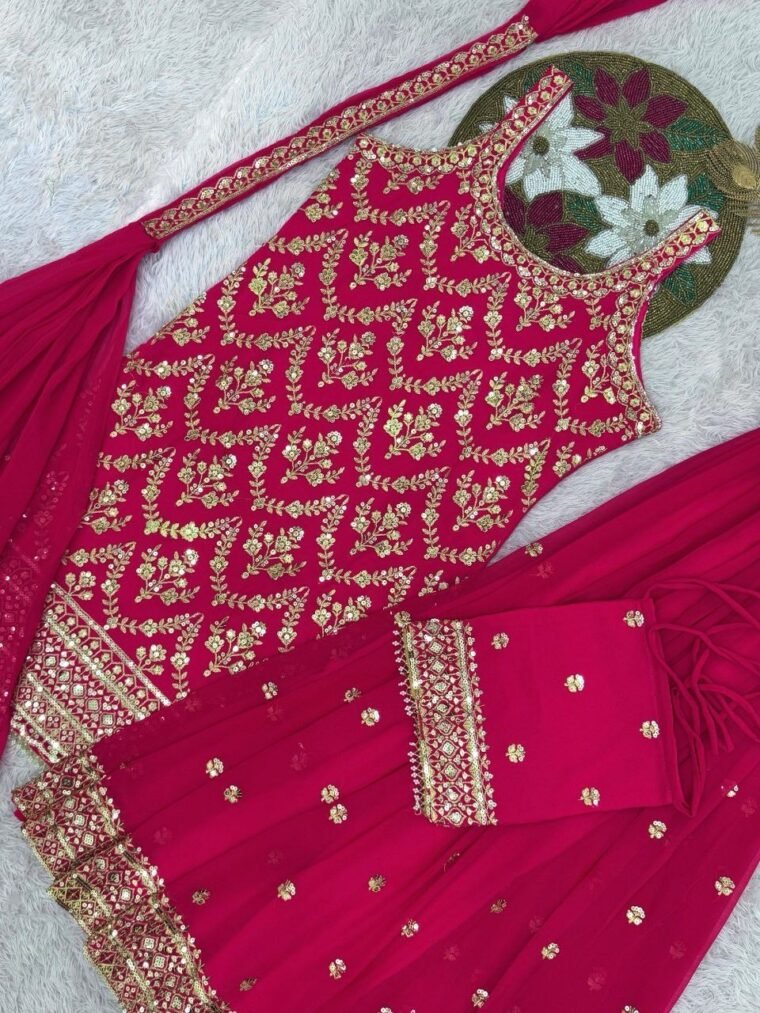 Pink Sleeveless Heavy Embroidery Sharara Suit