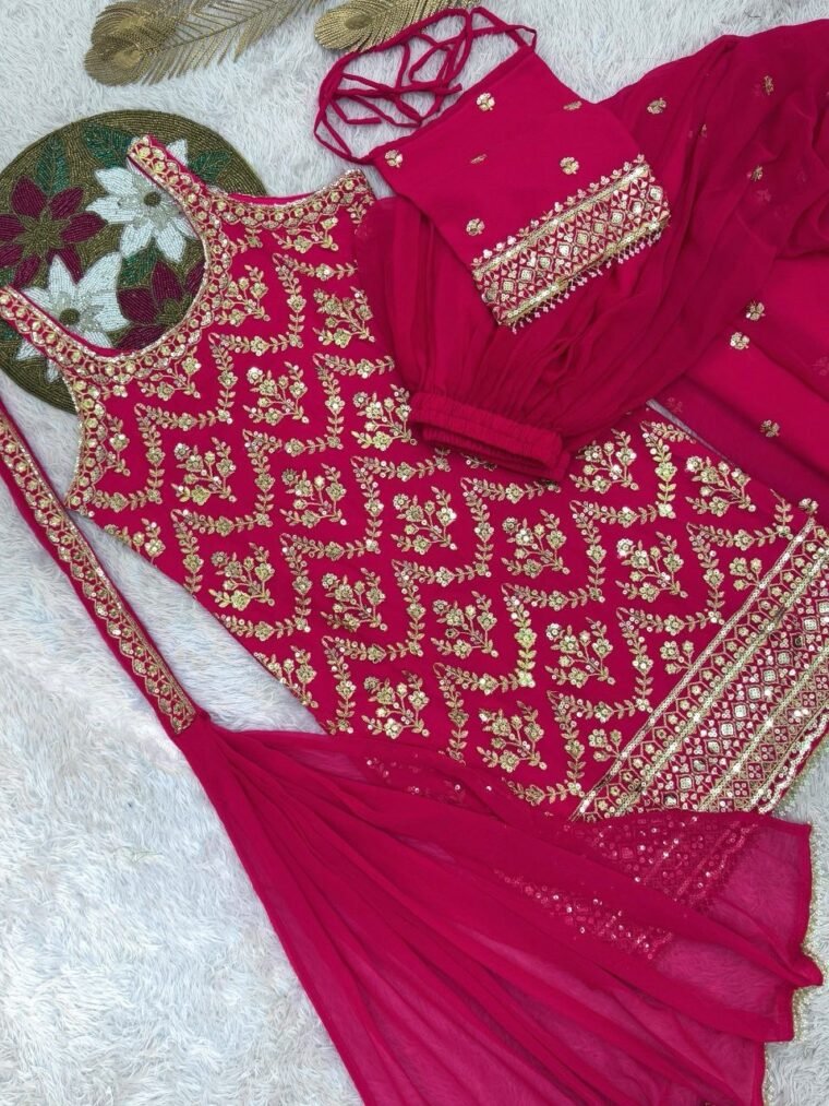Pink Sleeveless Heavy Embroidery Sharara Suit