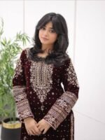 Maroon Velvet Embroidery Sharara Suit