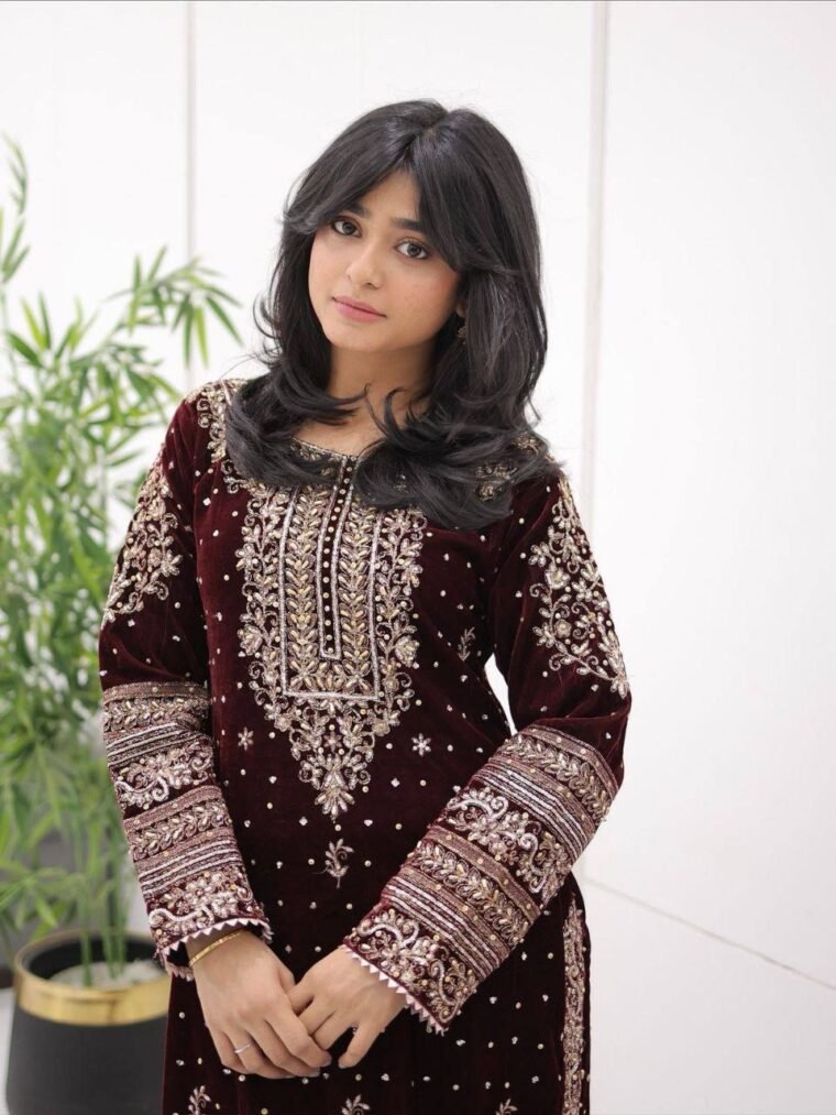 Maroon Velvet Embroidery Sharara Suit