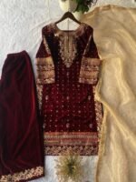 Maroon Velvet Embroidery Sharara Suit