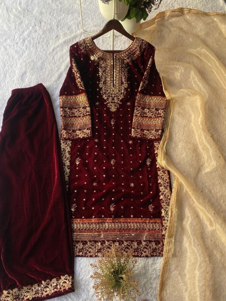 Maroon Velvet Embroidery Sharara Suit