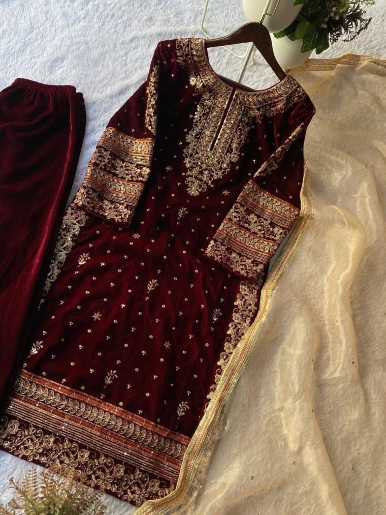 Maroon Velvet Embroidery Sharara Suit