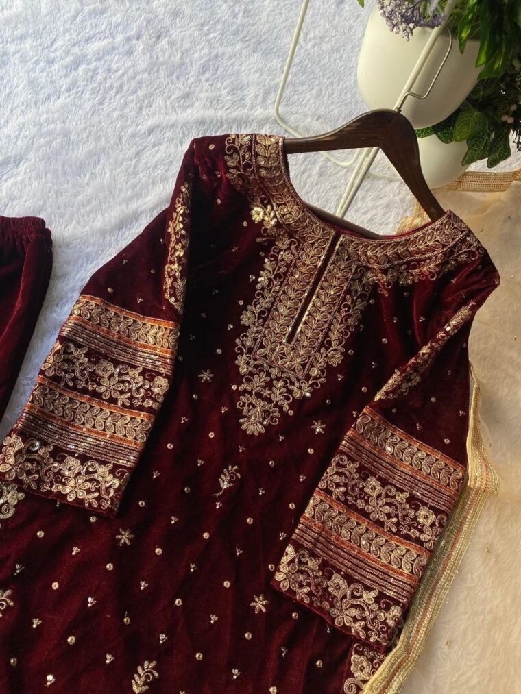 Maroon Velvet Embroidery Sharara Suit