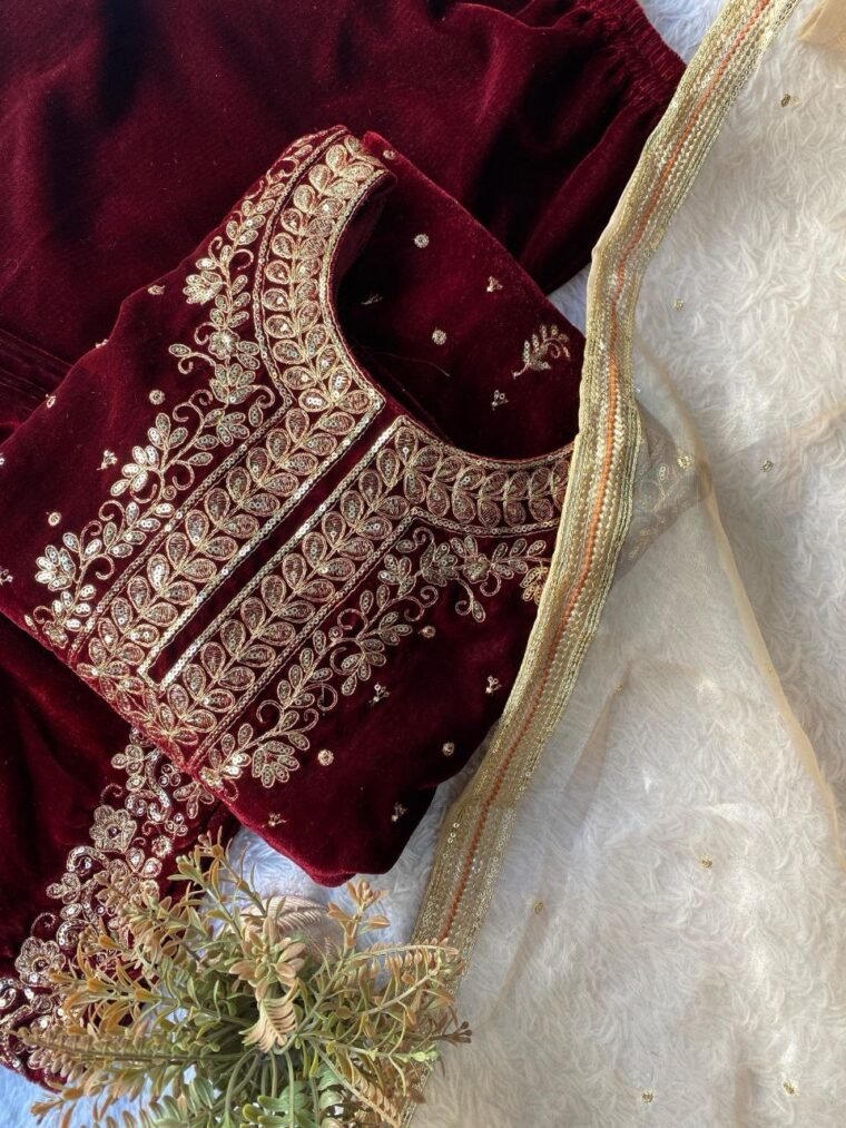 Maroon Velvet Embroidery Sharara Suit