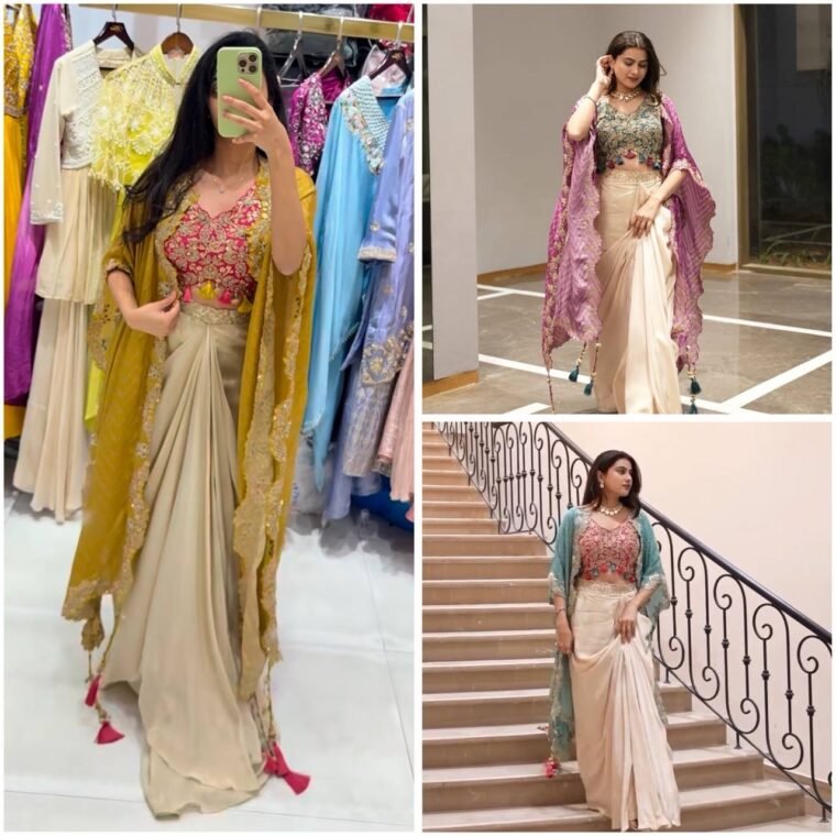 3pcs Suits Shrug Crop Top and drape Skirt