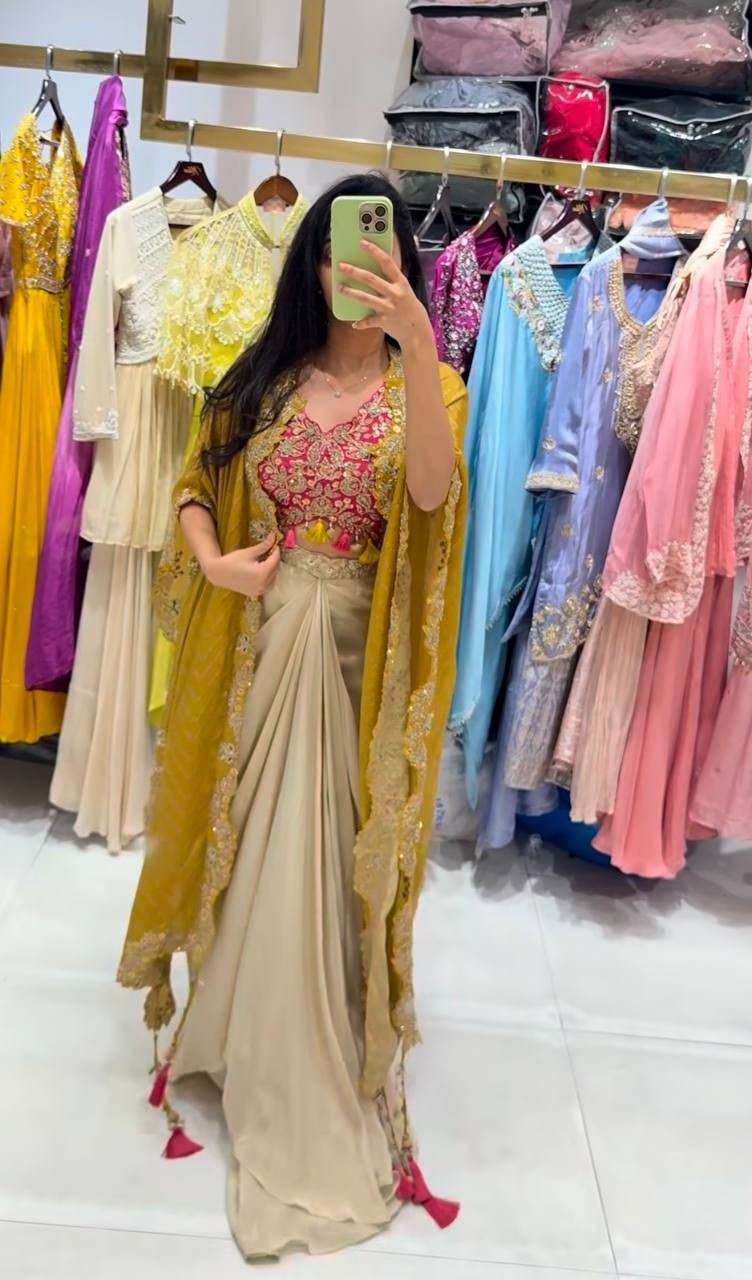 3pcs Suits Shrug Crop Top and drape Skirt