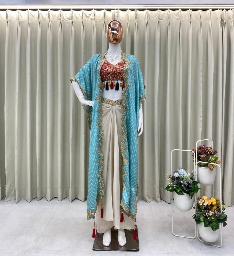 3pcs Suits Shrug Crop Top and drape Skirt