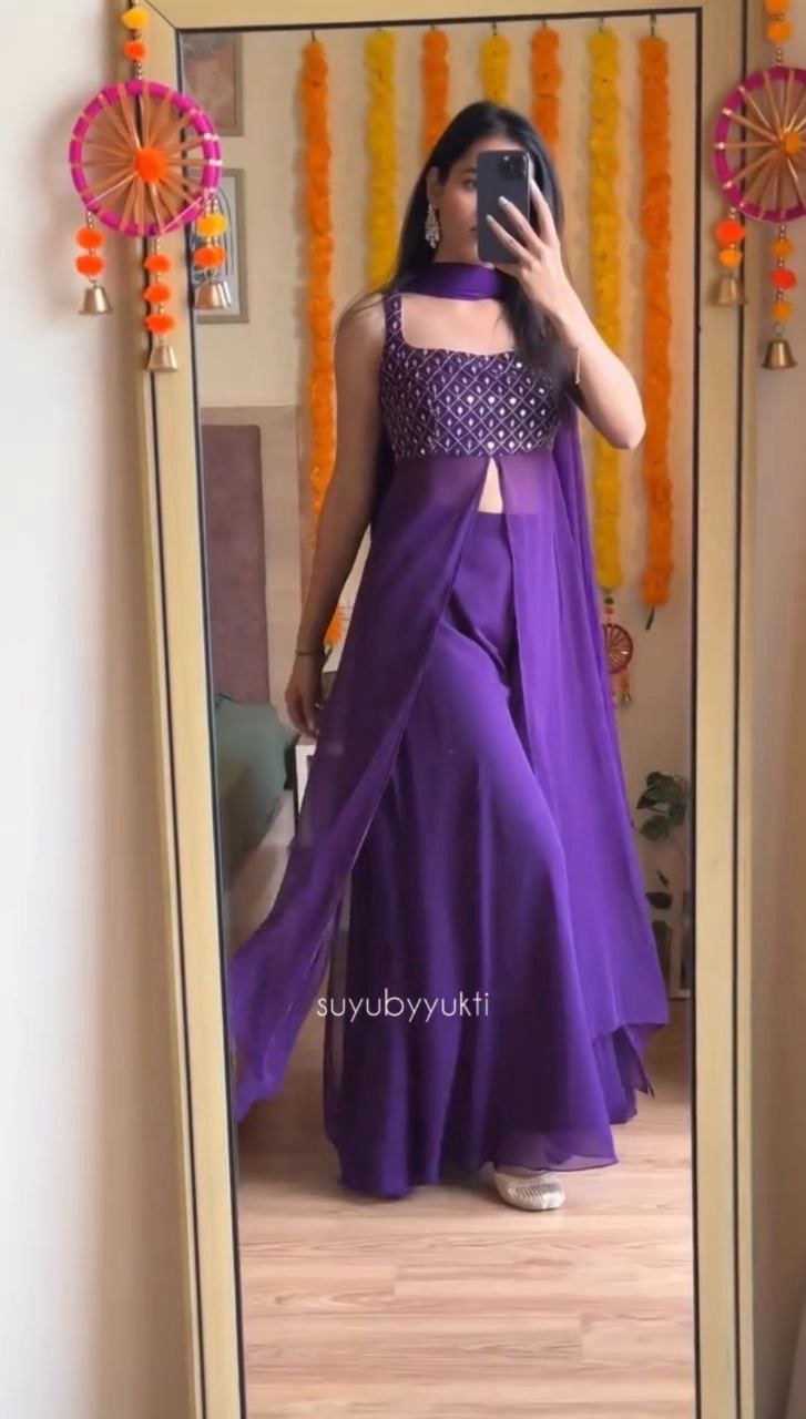 Purple Slit Cut Long Kurti and Plazzo Dupatta