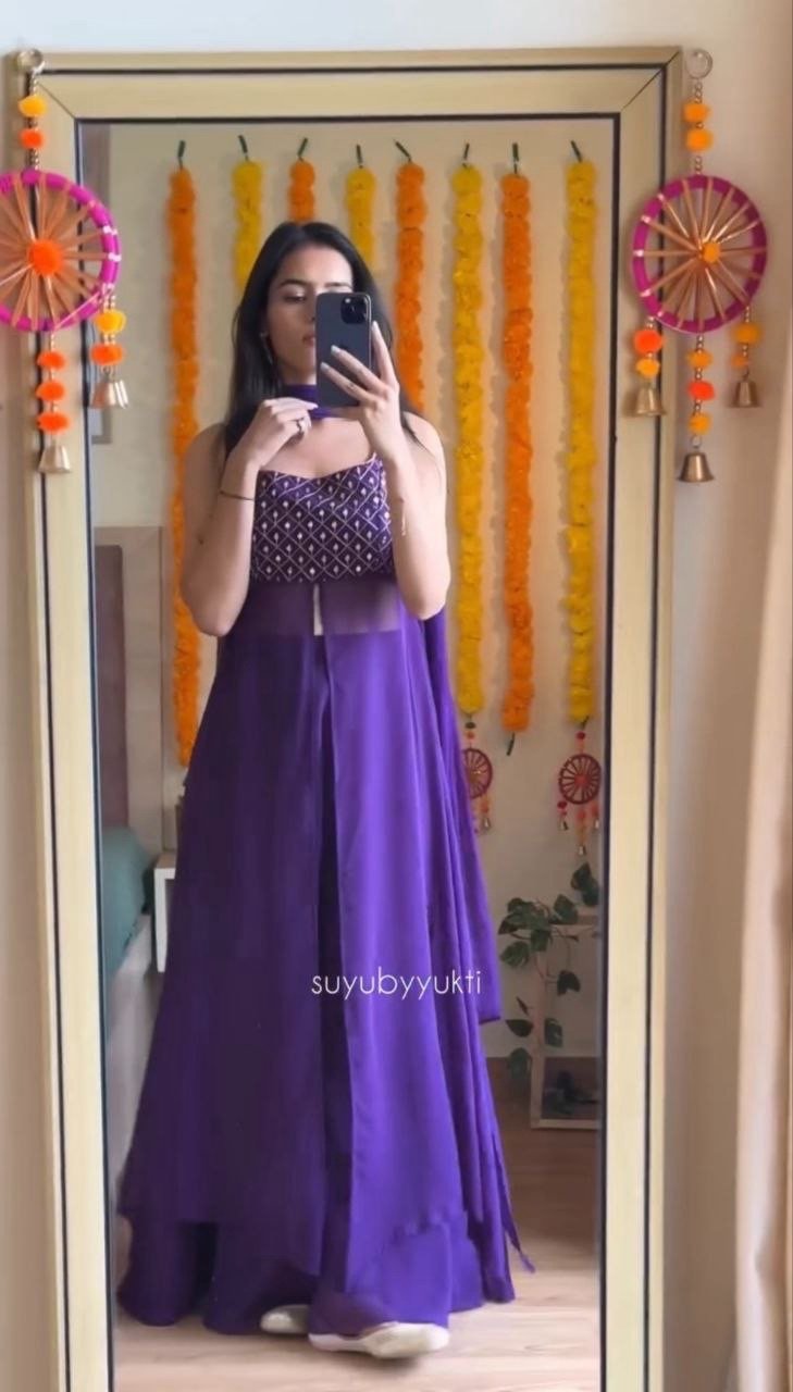 Purple Slit Cut Long Kurti and Plazzo Dupatta